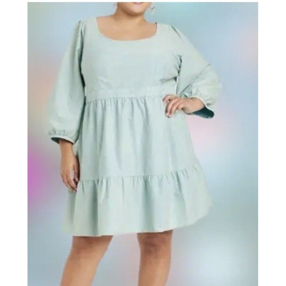 Women's Tiered Puff Sleeve Mini Dress Empire Waist‎ Tie Back Sage Green Size 4X